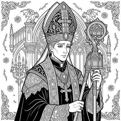 Immerse yourself in the solemn grandeur of this Gothic Bishop coloring page, crafted especially for teens seeking an artistic challenge. Discover intricate details across ornate vestments, a ceremonial staff, and a mysterious architectural backdrop.