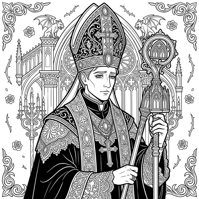 Immerse yourself in the solemn grandeur of this Gothic Bishop coloring page, crafted especially for teens seeking an artistic challenge. Discover intricate details across ornate vestments, a ceremonial staff, and a mysterious architectural backdrop.