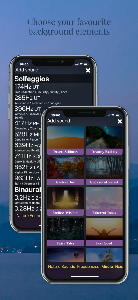 Pantallas de la aplicación MYditation que muestran opciones de frecuencias solfeggio y temas de música de fondo como bosque encantado y tonos etéreos