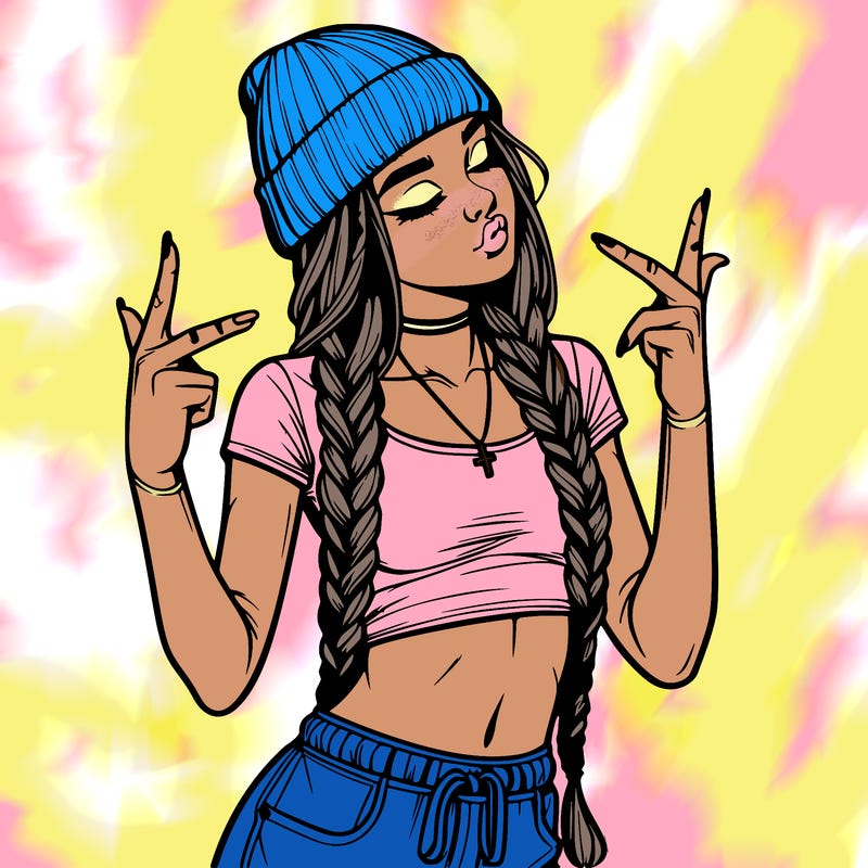 realistic teenage girl with braids and a beanie and crop top doing 🫶🏼