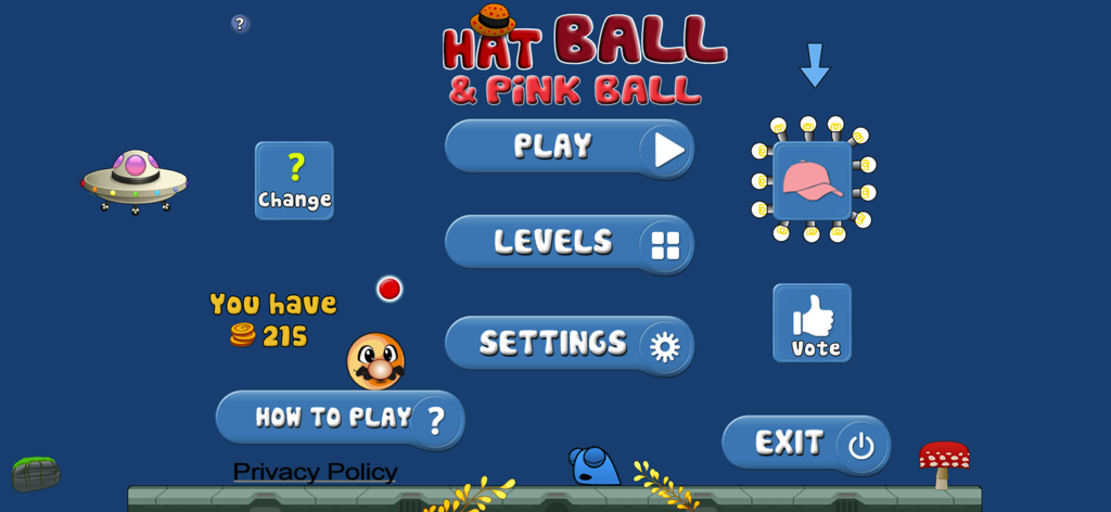 Main menu screen of Hat Ball and Pink Ball mobile game
