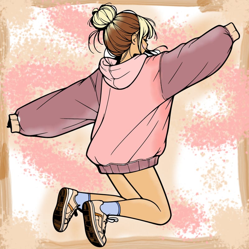 realistic girl jumping with a bun and oversized sweatshirt