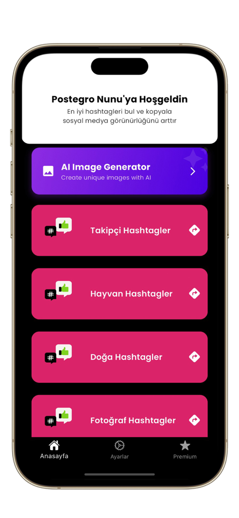 Postegro Nunu app dashboard featuring AI image generator and social media hashtag categories