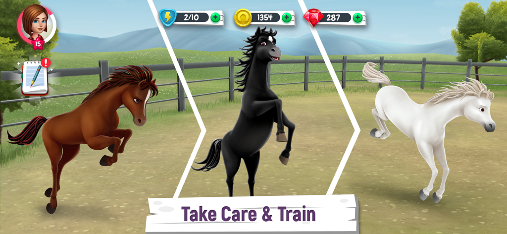 My Horse Stories - パドックに3頭の異なる色の馬がおり、「世話をする」と「トレーニングする」というテキストが表示されている