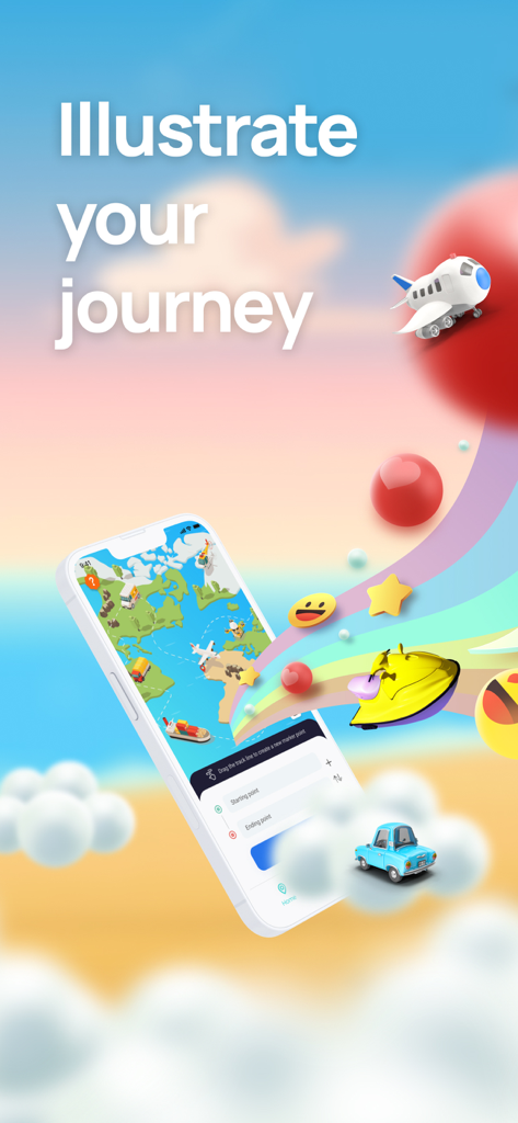 Um smartphone exibindo um mapa mundial 3D com veículos animados e ícones para ilustrar uma jornada de viagem