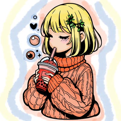 manga girl drinking boba in cozy sweater