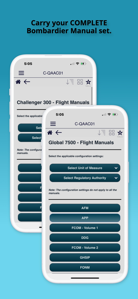 Interfaz de la aplicación Bombardier Flight Deck 3 que muestra manuales de vuelo para las aeronaves Global 7500 y Challenger 300