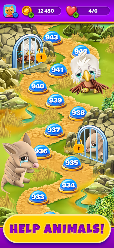 Royal Cat Puzzle - Level progression map in Royal Cat Puzzle showing sad animals in cages and the call to action Help Animals