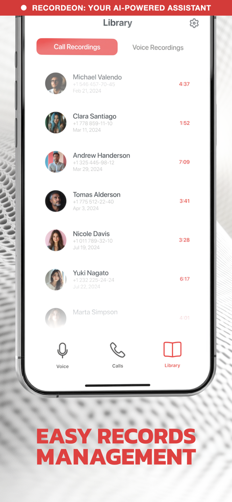Interfaz de la biblioteca de la aplicación Recordeon mostrando una lista de llamadas telefónicas grabadas con nombres de contactos y marcas de tiempo