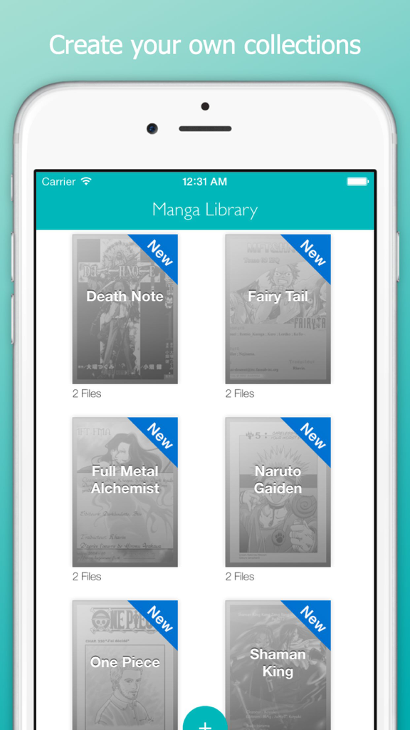 L'application Manga Library montrant une vue en grille de collections de mangas organisées comme Death Note et One Piece sur un iPhone.