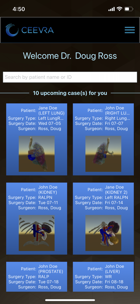Ceevra - Ceevra surgeon dashboard showing upcoming patient cases with 3D anatomical models for surgical planning.