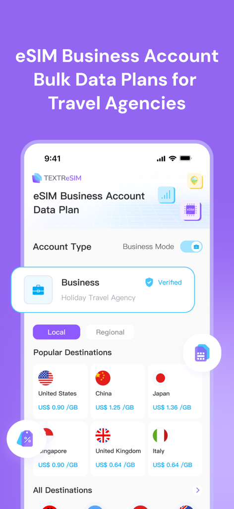 Textr eSIM: Travel Mobile Data - Textr eSIM app screen displaying business account options and bulk data plans for travel agencies with international pricing.