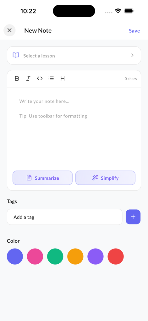 New note interface in the Python learning app featuring a text editor with AI summarization and simplification tools