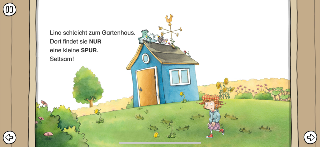 Lesestart zum Lesenlernen - Children story scene in German with a girl walking in a garden towards a shed