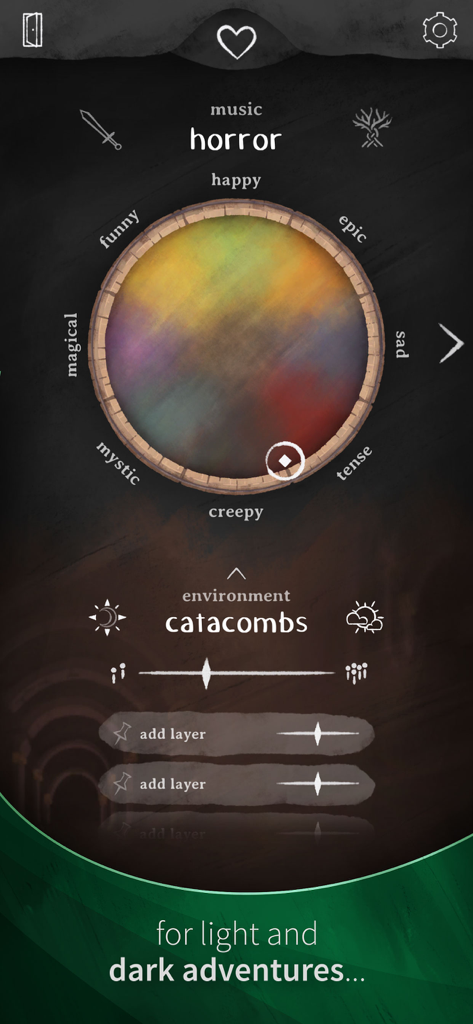 A mobile app interface featuring a mood wheel for RPG music and sound controls for a catacomb environment