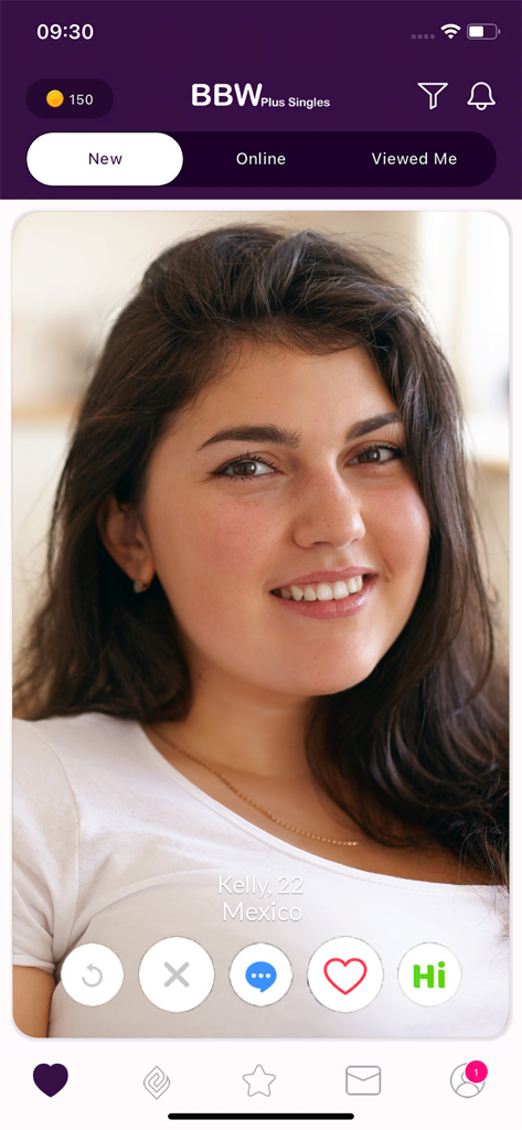 BBW Plus Singles: Curvy Dating - Interfaz de perfil de usuario en la aplicación de citas BBW Plus Singles que muestra a una mujer sonriente llamada Kelly con botones de interacción para dar like y chatear