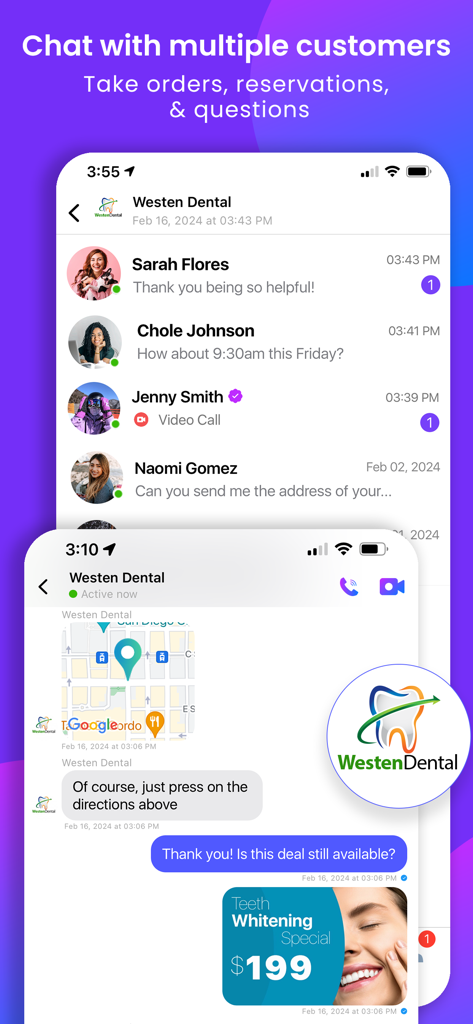 Netbinc: Social, Videos, Chat - A mobile app interface for Netbinc showing a business chat list and a conversation with a customer about a dental deal