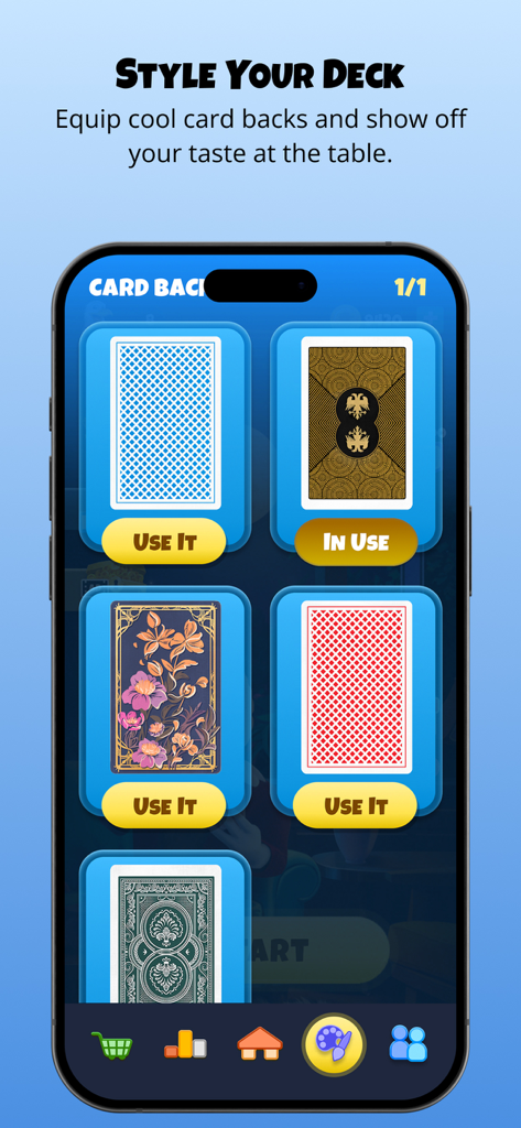 Pishpirik - Pantalla de personalización del juego de cartas Pishpirik que muestra diferentes patrones de dorsos de cartas