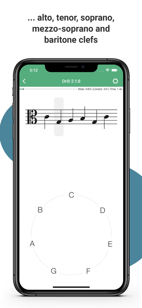 Complete Music Reading Trainer - A music reading drill for different clefs including alto and tenor on a mobile app interface