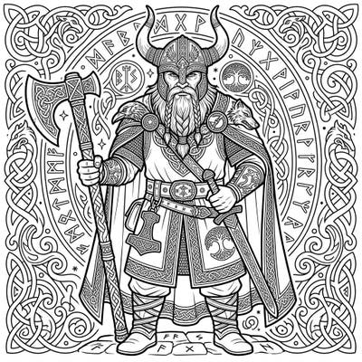 Step into the epic world of Nordic sagas with this captivating Viking King coloring page, featuring a powerful ruler ready for battle. Explore the intricate details of his attire, weapons, and the rich symbolic background, perfect for a challenging and rewarding creative session.