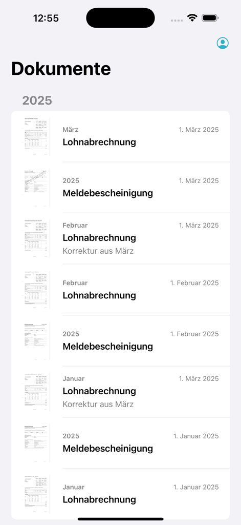 Una pantalla de aplicación móvil que muestra una lista cronológica de recibos de sueldo digitales y certificados de registro.