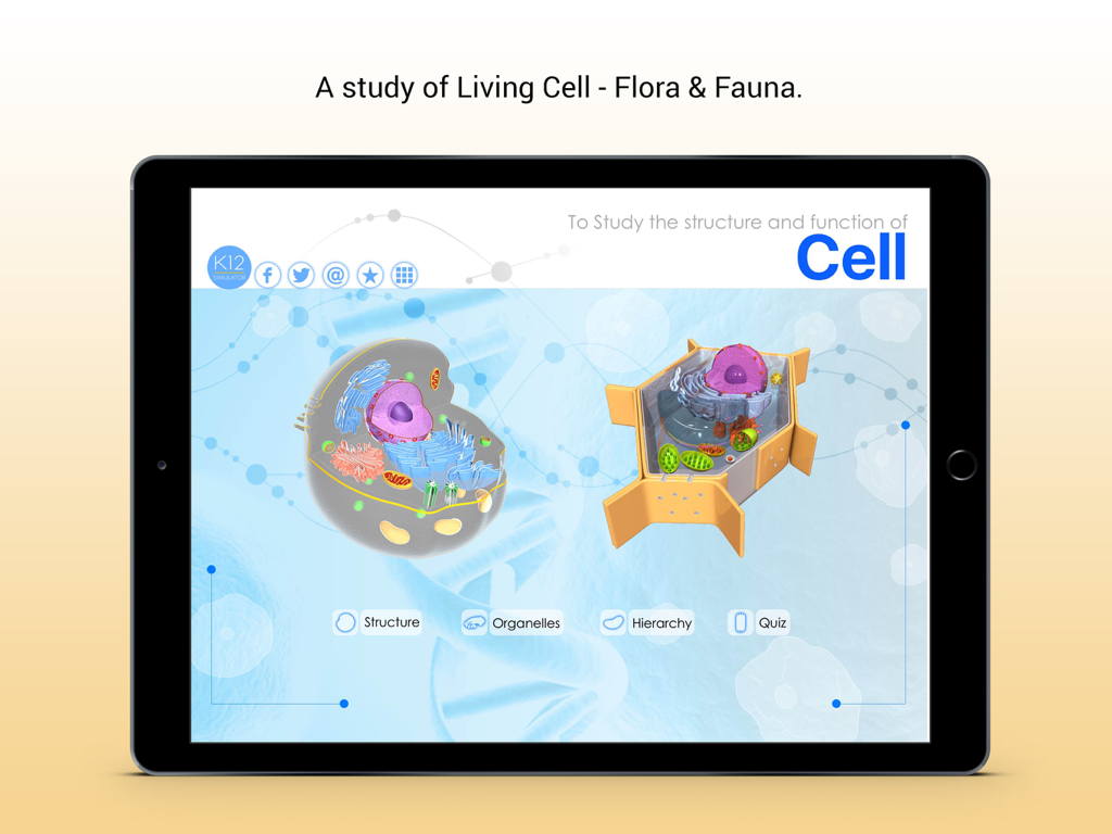 Main menu of The Living Cell app featuring 3D models of animal and plant cells on an iPad screen