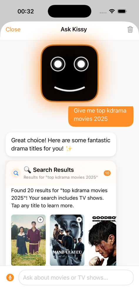 Interface of the Ask Kissy AI assistant providing personalized K-drama movie recommendations.