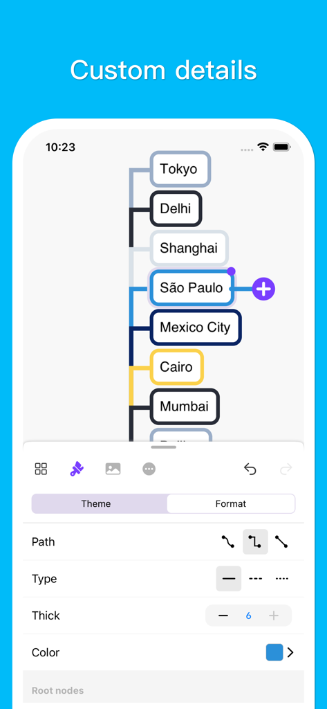 MindSpace - Mind Map - Mobile app interface showing customization options for a mind map with world cities including Tokyo and Sao Paulo.