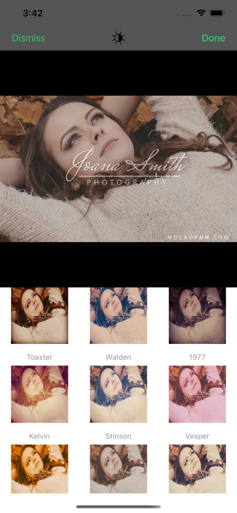 Add Watermark on Photos,Videos - Una schermata di un'app mobile che mostra una filigrana professionale su un ritratto con diversi filtri creativi come Walden e Kelvin in basso.