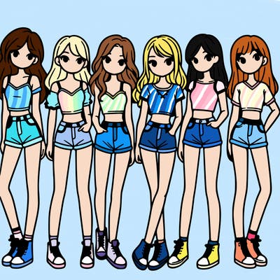 a group of girls wearing crop tops and shorts