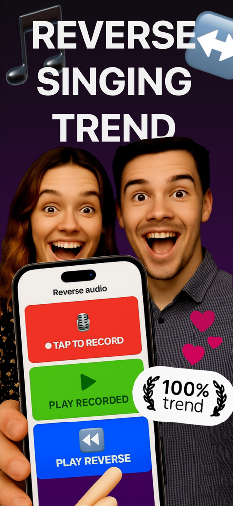 Two excited young people using the Banger app to participate in the reverse singing trend.