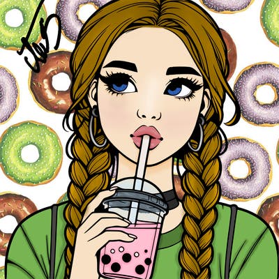 realistic girl with braided hair drinking boba