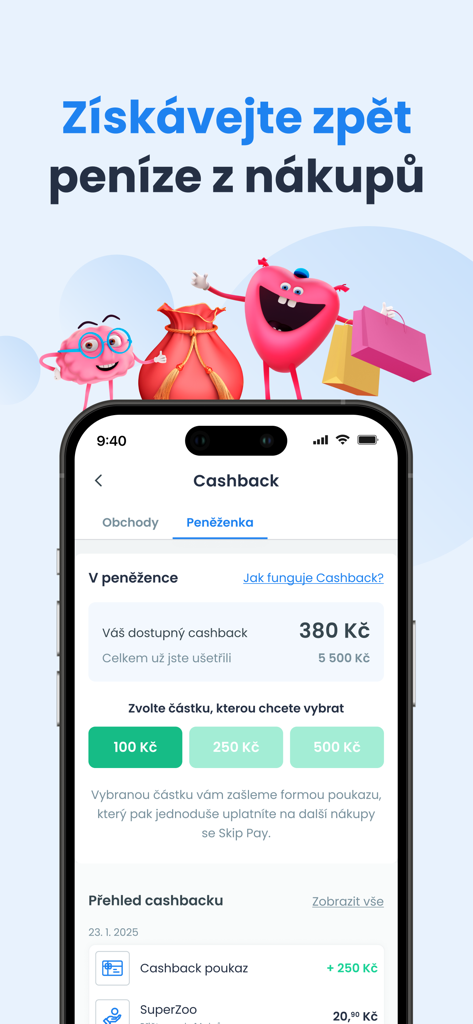 Interface do aplicativo móvel mostrando saldo de cashback e opções de retirada de recompensas