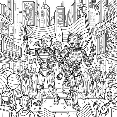 Step into a vibrant future where robots joyfully unite for Pride! This unique coloring page blends high-tech cyberpunk aesthetics with the heartwarming spirit of celebration.