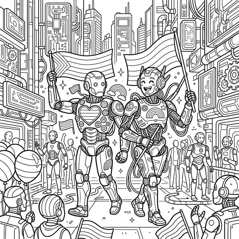 Step into a vibrant future where robots joyfully unite for Pride! This unique coloring page blends high-tech cyberpunk aesthetics with the heartwarming spirit of celebration.