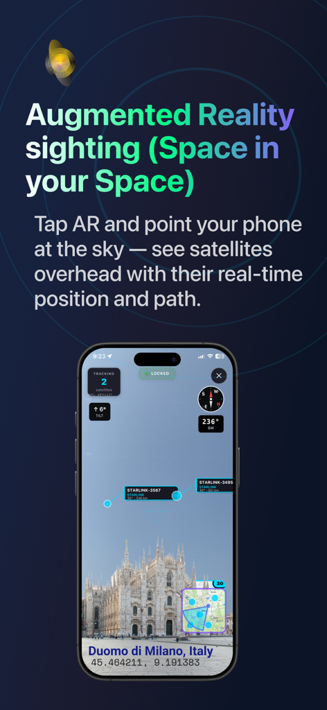 SpaceSight24 ISS & Starlink - Augmented reality view showing Starlink satellites tracked in real time over the Duomo di Milano