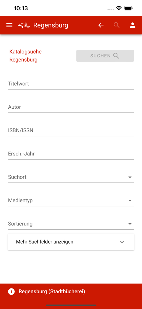 mobilOPAC YourBibアプリ内のレーゲンスブルク図書館カタログの検索インターフェース