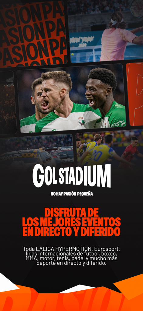 GolStadium Spain - GolStadium Spain app promotional screen featuring live soccer tennis and motor sports