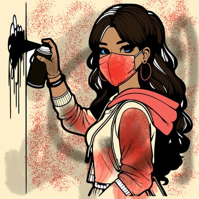 realistic girl with mask spray painting a wall