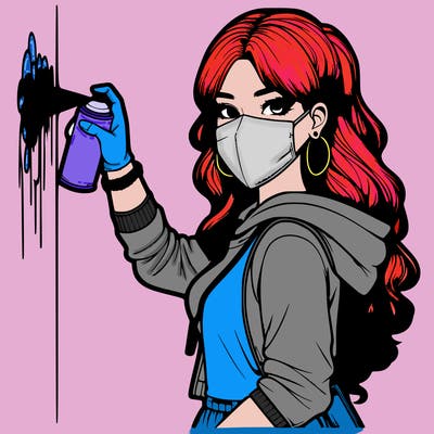 realistic girl with mask spray painting a wall