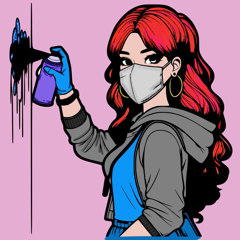 realistic girl with mask spray painting a wall