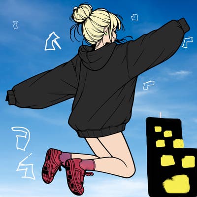 realistic girl jumping with a bun and oversized sweatshirt