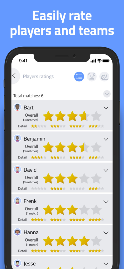 Coach Amigo mobile app interface displaying a list of soccer players with their overall and detailed performance star ratings.