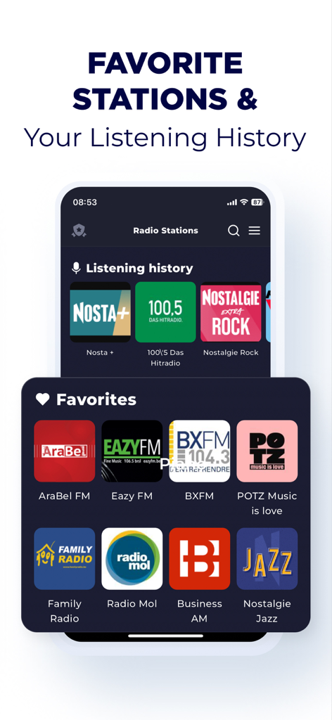 Radio Belgium FM Live Online - Interface of Radio Belgium FM app showing favorite radio stations and listening history.