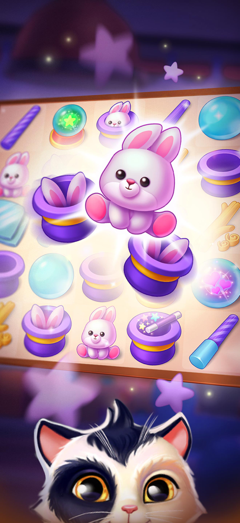 A merge puzzle mini-game in My Cat featuring cute pink rabbits and magic themed icons