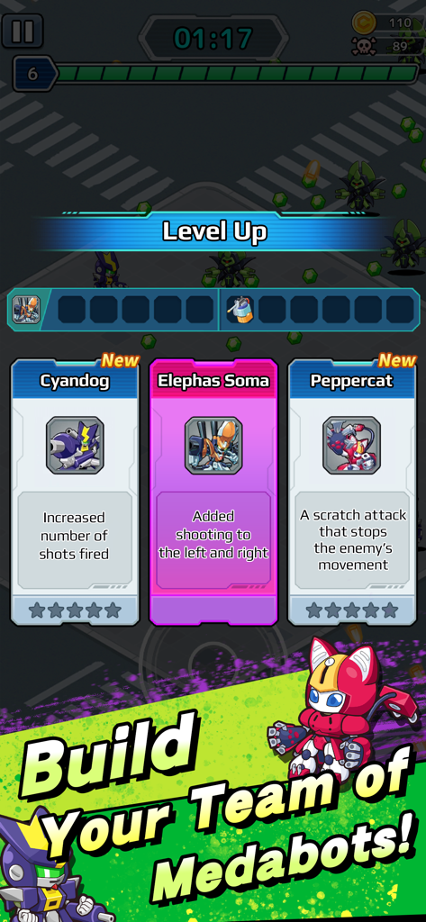 Medabots Survivors - Medabots Survivors Level-Up-Bildschirm mit Charakterauswahl für Cyandog Elephas Soma und Peppercat.