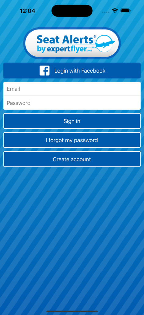 Login screen for the Seat Alerts app by ExpertFlyer showing email and Facebook sign in options.