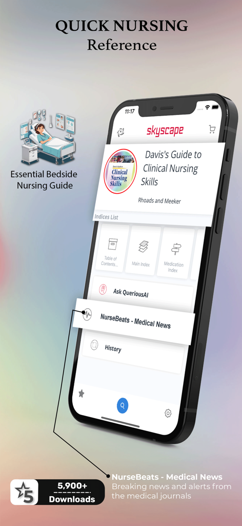 Davis Clinical Nursing Skills - Smartphone che mostra la schermata principale dell'app Davis Clinical Nursing Skills con funzioni di riferimento rapido per infermieri