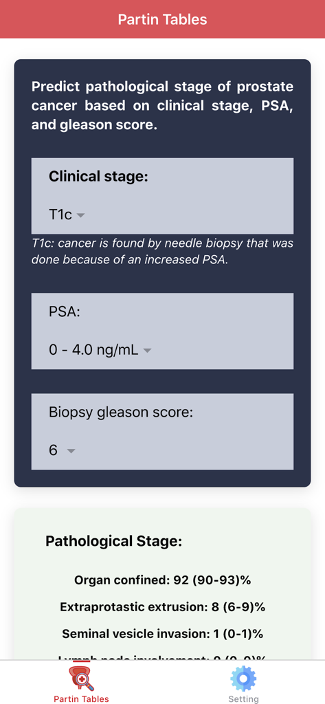 Urology Partin Tables mobile app interface for prostate cancer pathological stage prediction