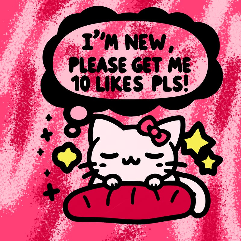 kitty taking a nap dream talking and saying "i'm new, please get me at least 10 likes pls!!"